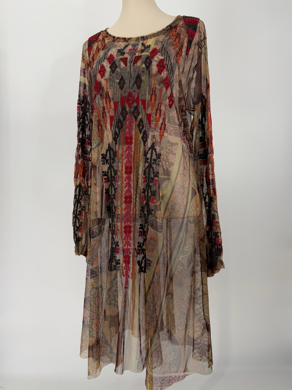 Johnny Was BIYA, Multicolor Embroidered Mesh Long-Sleeve Dress, Size XL